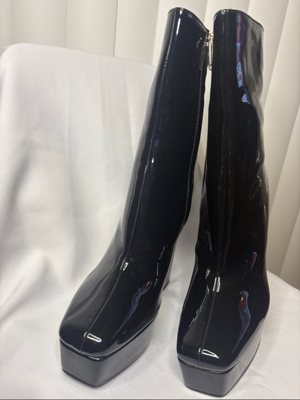 Guess Black Patent Platform Knee-High Boots with Square Toe